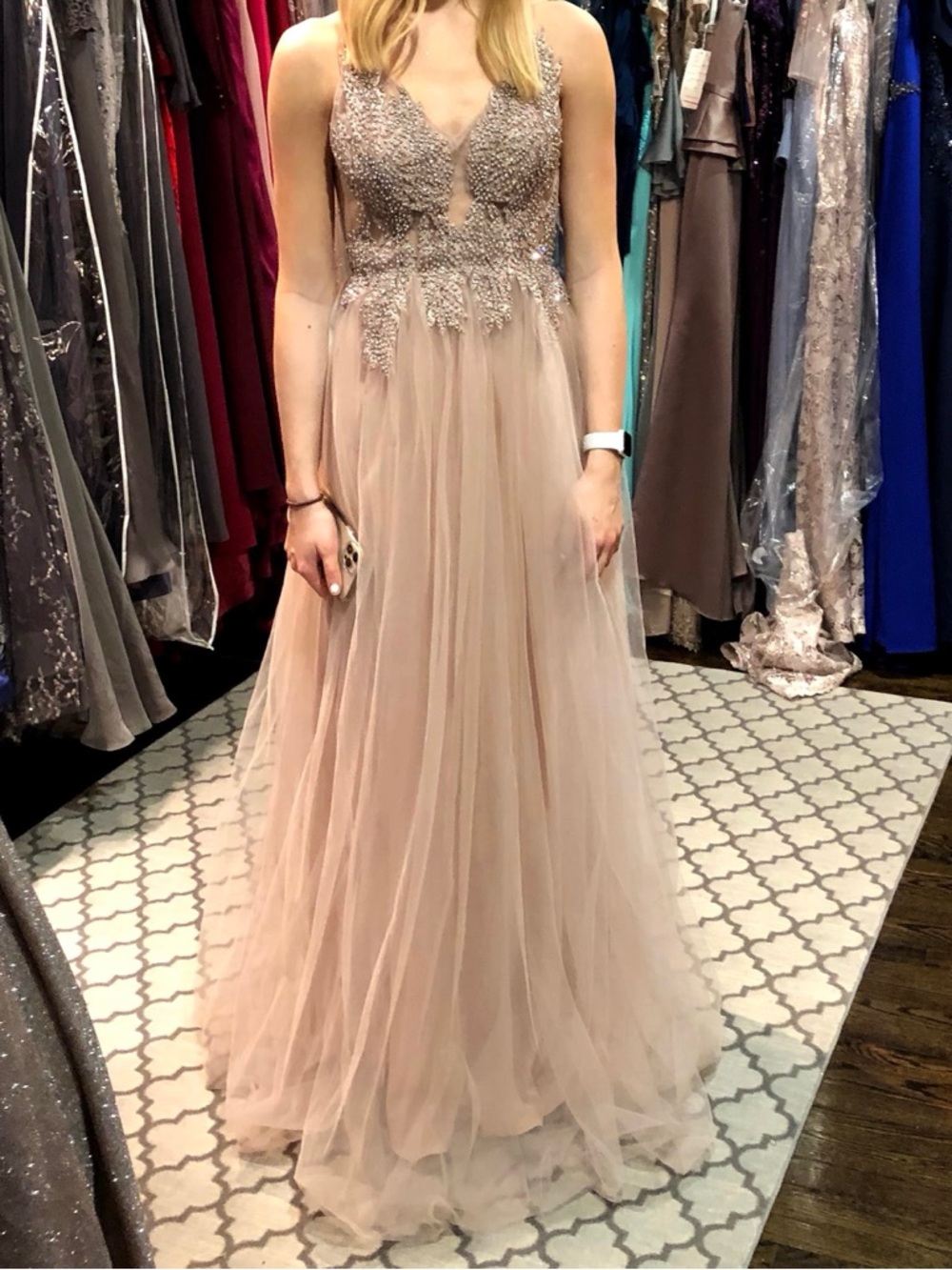 Terani Couture Dusty Blush Embellished Tulle Prom Gown